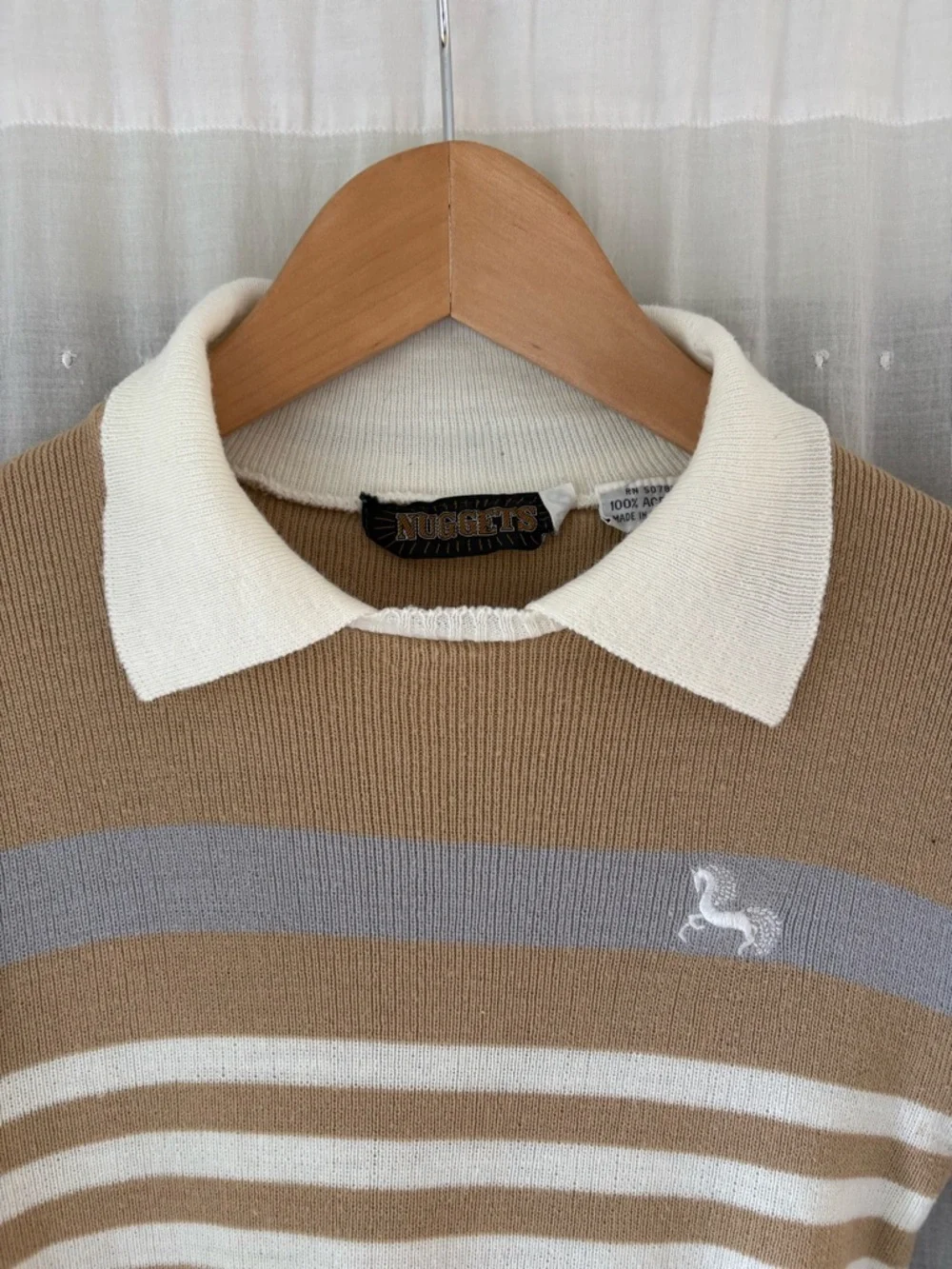 Vintage 70s women's small stripped knit acrylic collared sweater - Picture 2 of 5